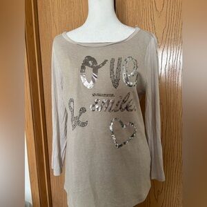 NWOT, VENUS Long Sleeve Organza Trim Oatmeal Crewneck Top, size M